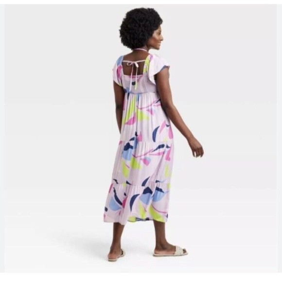 Isabel Maternity Flutter Short Sleeve Woven Maternity Dress - Lavander Print L - Picture 2 of 9